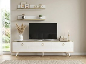 TV stolík BALANCE 150 cm s dvoma nástennými policami, biela/zlatá