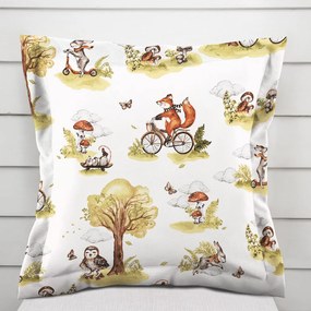Biante Detská bavlnená obliečka na vankúš s lemom Sandra SA-697 Líšky na bicykloch - zelené na bielom 45 x 45 cm