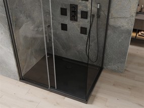 Mexen Omega, sprchovací kút s posuvnými dverami 120 (dvere) x 90 (stena) cm, 8mm číre sklo, čierny profil + slim sprchová vanička čierna s čiernym sifónom, 825-120-090-70-00-4070B
