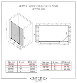 Cerano Antelo, 1-krídlové sprchové dvere s pevnou časťou 90(dvere) x 30(stena) x 190 cm, 6mm číre sklo, chrómový profil, CER-CER-435842