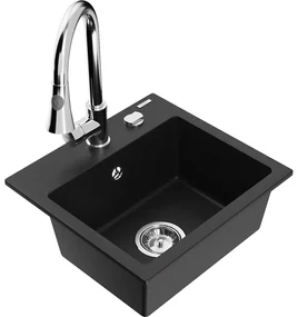 Mexen Milo, 1-komorový granitový drez 435x410x171 mm a drezová batéria Elia, čierna, 6505-77-670101-00