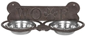 Misky pre psa v stojane s kosťou a nápisom Woof - 39*18*12 cm