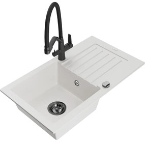 Mexen Pablo, granitový drez 752x436x161 mm, 1-komorový a drezová batéria Duo, biela, 6510-20-671701-70-B