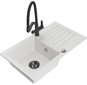 Mexen Pablo, granitový drez 752x436x161 mm, 1-komorový a drezová batéria Duo, biela, 6510-20-671701-70-B