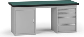 Pracovný stôl do dielne G8, 1800 x 750 x 800 mm, 1x skrinka, 1x kontejner, 4 zásuvky, sivá