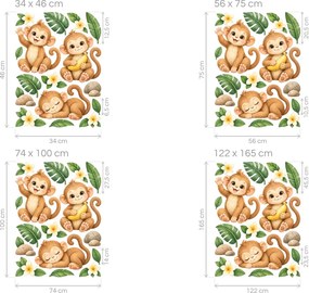 Tri opičky medzi tropickými kvetmi veselé akvarelové nálepky s opičkami pre dievčatá aj chlapcov na stenu arch 34 x 46 cm