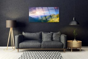 Skleneny obraz Hora lúka slnko krajina 125x50 cm