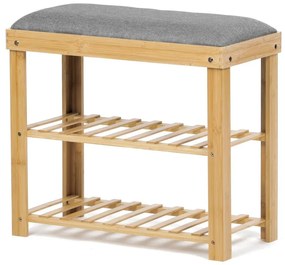 Botník / taburet, 2 police, masiv bambus, přírodní odstín, šedá látka