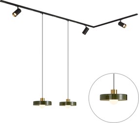 Moderný koľajnicový systém čierny s 2 zelenými závesnými svietidlami a 3 bodovými svetlami 1-fázový - Iconic Jeana Luxe Jina