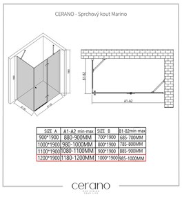 Cerano Marino, sprchovací kút 120(dvere) x 100(stena) x 190 cm, 6mm číre sklo, čierny profil, CER-CER-422907