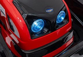 Červený detský elektrický traktorový bager 12V s diaľkovým ovládaním, pohyblivým ramenom a FM rádiom