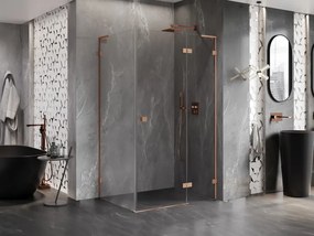 Mexen Lunar L, pravostranný výklopný sprchový kút 75 x 80 cm, 8mm číre sklo, medený matný profil, 834L-075-080-65-00-P