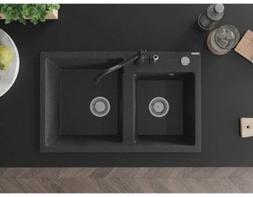 Mexen Tomas, granitový drez 800x500x190 mm, 2-komorový a drezová batéria Carla, čierna škvrnitá, 6516-76-670700-70