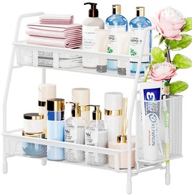 VERK GROUP Dvojposchodová polica, kovová s prídavným košíkom LOFT - biela, 36 x 17 x 32 cm