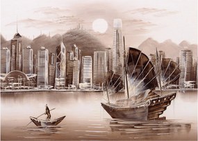 Obrázok - Victoria Harbor, Hong Kong, sépiový efekt (70x50 cm)