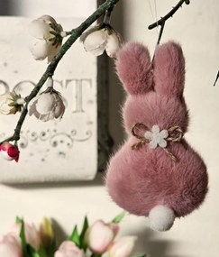 Ružový plyšový závesný veľkonočný zajačik s kvietkou Magiccal - 6*2*11 cm