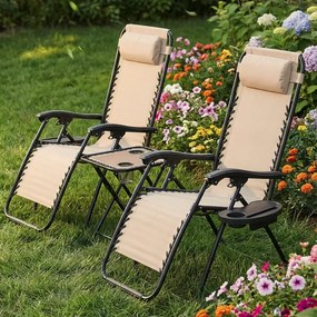 Set 2 polohovateľných záhradných lehátok so stolíkom - béžový