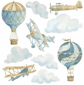 Gario Detská nálepka na stenu Retro balloons and airplanes - tri lietadlá a dva balóny