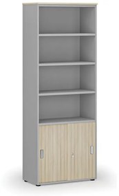 Kombinovaná kancelárska skriňa PRIMO GRAY, zasúvacie dvere na 2 poschodia, 2128 x 800 x 420 mm, sivá/dub prírodný