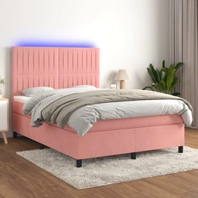 Posteľný rám boxsping s matracom a LED ružový 140x190 cm zamat 3136244