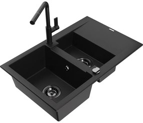 Mexen Gaspar, 1,5-komorový granitový drez 737x475x177 mm a drezová batéria Flora, čierna, 6507-77-670401-70-B