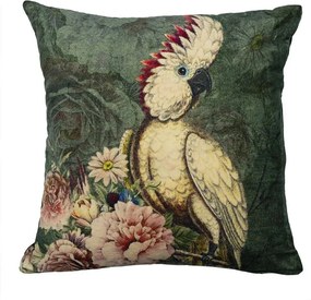 Zelený zamatový vankúš s dekorom kvetín a kakadu Cockatoo - 45*45*17cm