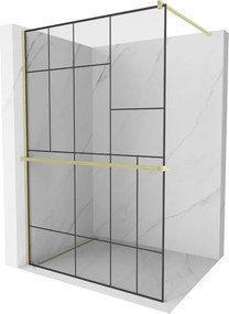 Mexen Kioto+, sprchová zástena Walk-In s poličkou a vešiakom 80 x 200 cm, 8mm číre sklo čierny vzor, zlatý matný profil, 800-080-121-55-78
