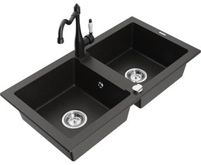 Mexen Mario, granitový drez 820x436x161 mm, 2-komorový a drezová batéria Carla, čierna-zlatá metalíza, 6504-75-670700-70