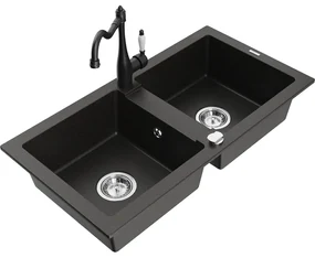 Mexen Mario, granitový drez 820x436x161 mm, 2-komorový a drezová batéria Carla, čierna-zlatá metalíza, 6504-75-670700-70