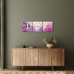 Obraz ružových stromov s jazerom (s hodinami) (90x30 cm)