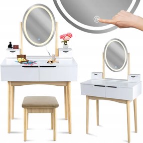 Toaletný stolík GLAM s LED zrkadlom biely / naturálny, béžová taburetka