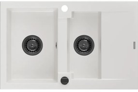 Mexen Gaspar, granitový drez 737x475x177 mm, 1,5-komorový, biela s čiernym sifónom, 6507731505-20-B