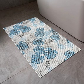 Kúpeľňová penová rohož / predložka PRO-091 Modro-sivé tropické listy - metráž šírka 65 cm
