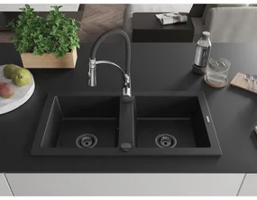 Mexen Mario, granitový drez 820x436x161 mm, 2-komorový a drezová batéria Aster, čierna, 6504-77-73450-07-B