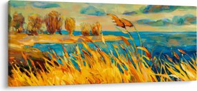Obraz - Západajúce slnko nad jazerom, akrylová maľba (120x50 cm)