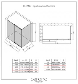 Cerano Santoro, sprchovací kút s posuvnými dverami 130(dvere) x 90(stena) x 195 cm, 6mm šedé sklo, čierny profil, CER-CER-425479