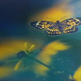 Obraz - Žltý motýľ s kvetmi (s hodinami) (90x30 cm)