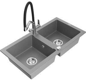 Mexen Mario, granitový drez 820x436x161 mm, 2-komorový a drezová batéria Duo, šedá, 6504-71-671701-07