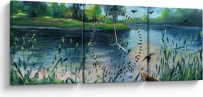 Obraz - Olejomaľba, Letný podvečer pri jazere (s hodinami) (90x30 cm)