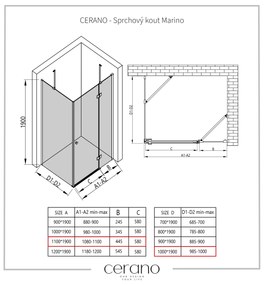 Cerano Marino, sprchovací kút 110(dvere) x 100(stena) x 190 cm, 6mm číre sklo, čierny profil, CER-CER-422892