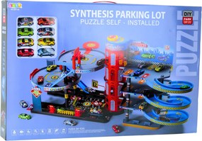 LEAN Toys Parkovisko s autíčkami, 4-poschodová dráha, 8 kovových vozidiel, nálepky