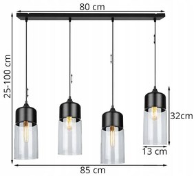 Závesné svietidlo Oslo 2, 4x čierne/transparentné sklenené tienidlo
