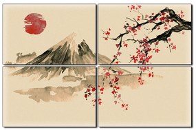 Obraz na plátne - Tradičné sumi-e obraz: sakura, slnko a hory 1271FE (120x80 cm)