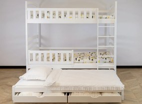 Detská poschodová posteľ z masívu BOHDANA s prístelkou a šuplíky - 200x90 cm - BIELA
