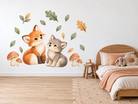 Líščatko a vlčiak medzi hubičkami jesenné akvarelové nálepky na stenu pre malé deti arch 34 x 46 cm