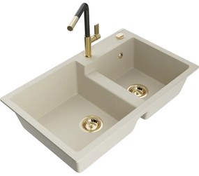 Mexen Tomas, 2-komorový granitový drez 800x500x190 mm a drezová batéria Flora, béžová, 6516-69-670401-57-G