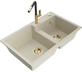 Mexen Tomas, 2-komorový granitový drez 800x500x190 mm a drezová batéria Flora, béžová, 6516-69-670401-57-G