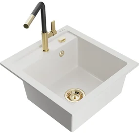 Mexen Vito, 1-komorový granitový drez 490x520x210 mm a drezová batéria Flora, biela, 6503-20-670401-57-G