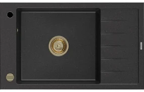Mexen Elias granitový jednokomorový drez s odkvapkávačom 795 x 480 mm, Čierna/Strieborná metalíza, Sifón Zlatá - 6511791005-73-G