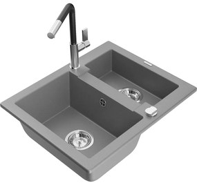 Mexen Carlos, 1,5-komorový granitový drez 582x475x177 mm a drezová batéria Flora, šedá, 6518-71-670401-07